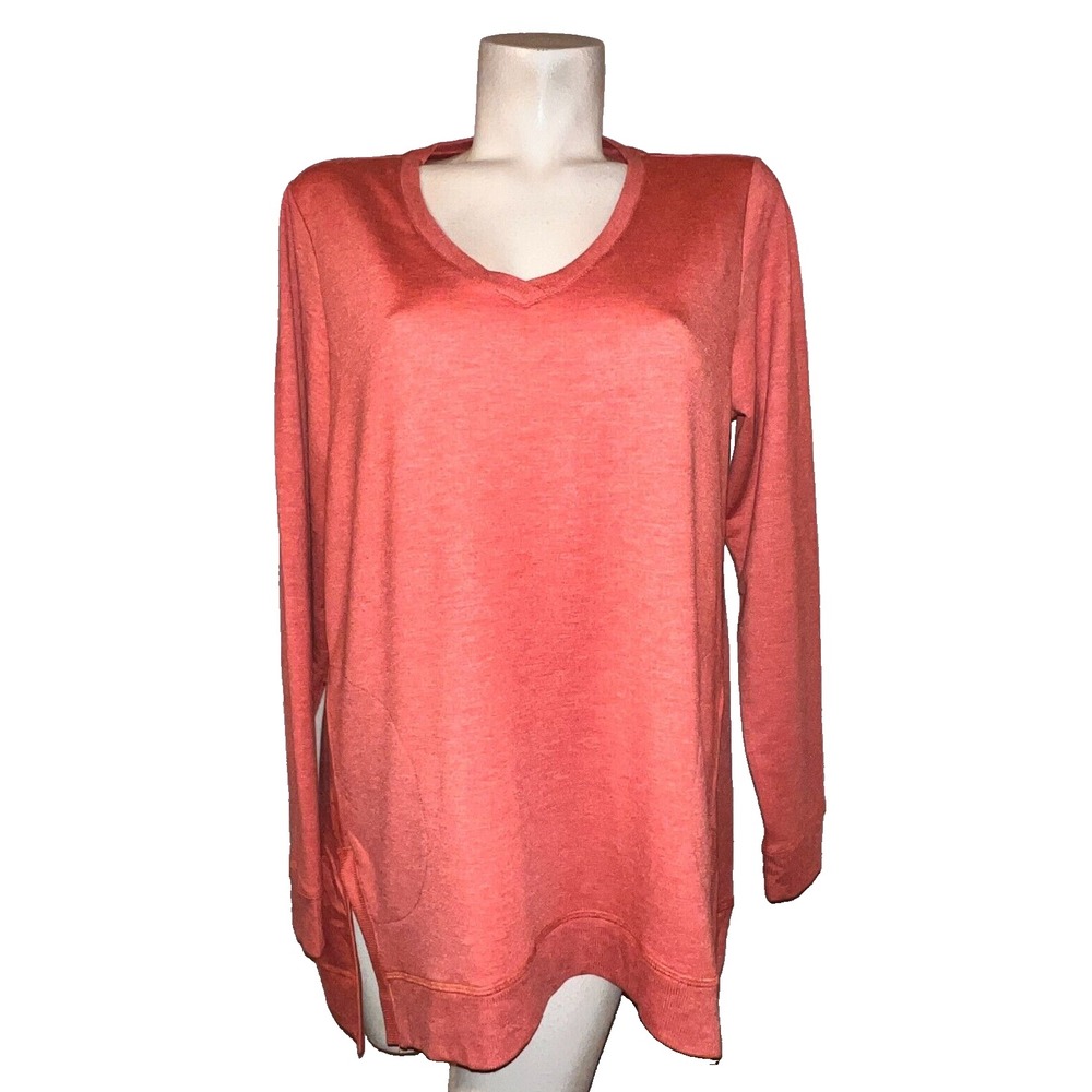 LOGO Lounge Lori Goldstein Coral Heathered V-Neck Tunic Sweatshirt Pockets L